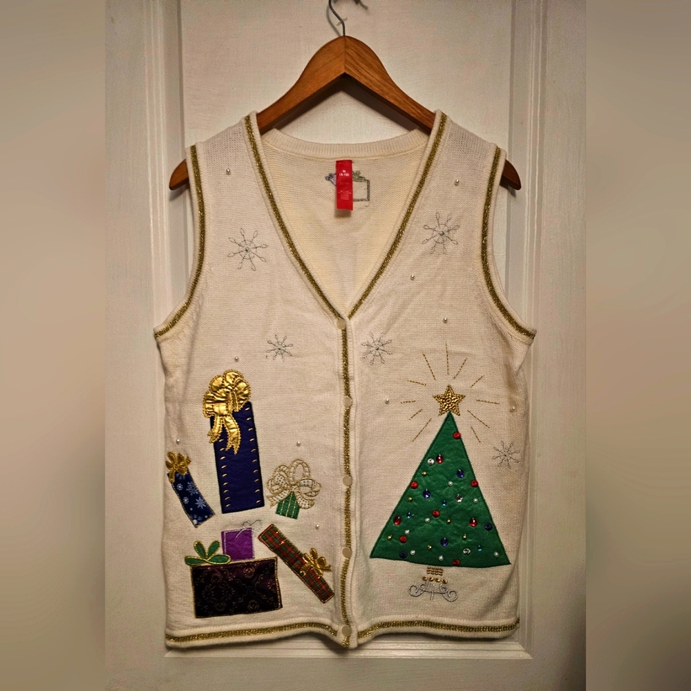 Womens Vintage Novelty Christmas Tanktop Cardigan - White TREE - Size Medium